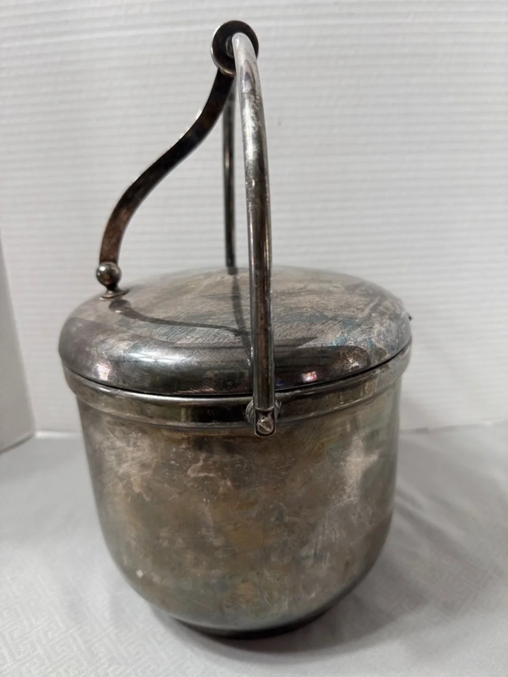 Vintage Silver Plated Ice Bucket Swing Top Lid & Handle Glass Liner Luxury